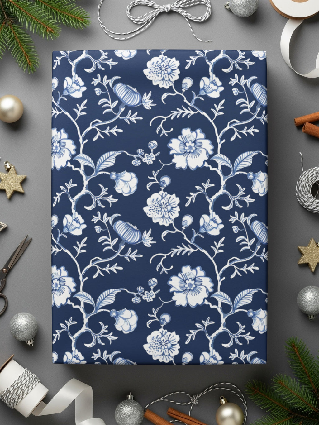 Elegant White Floral Pattern on Navy Blue Wrapping Paper