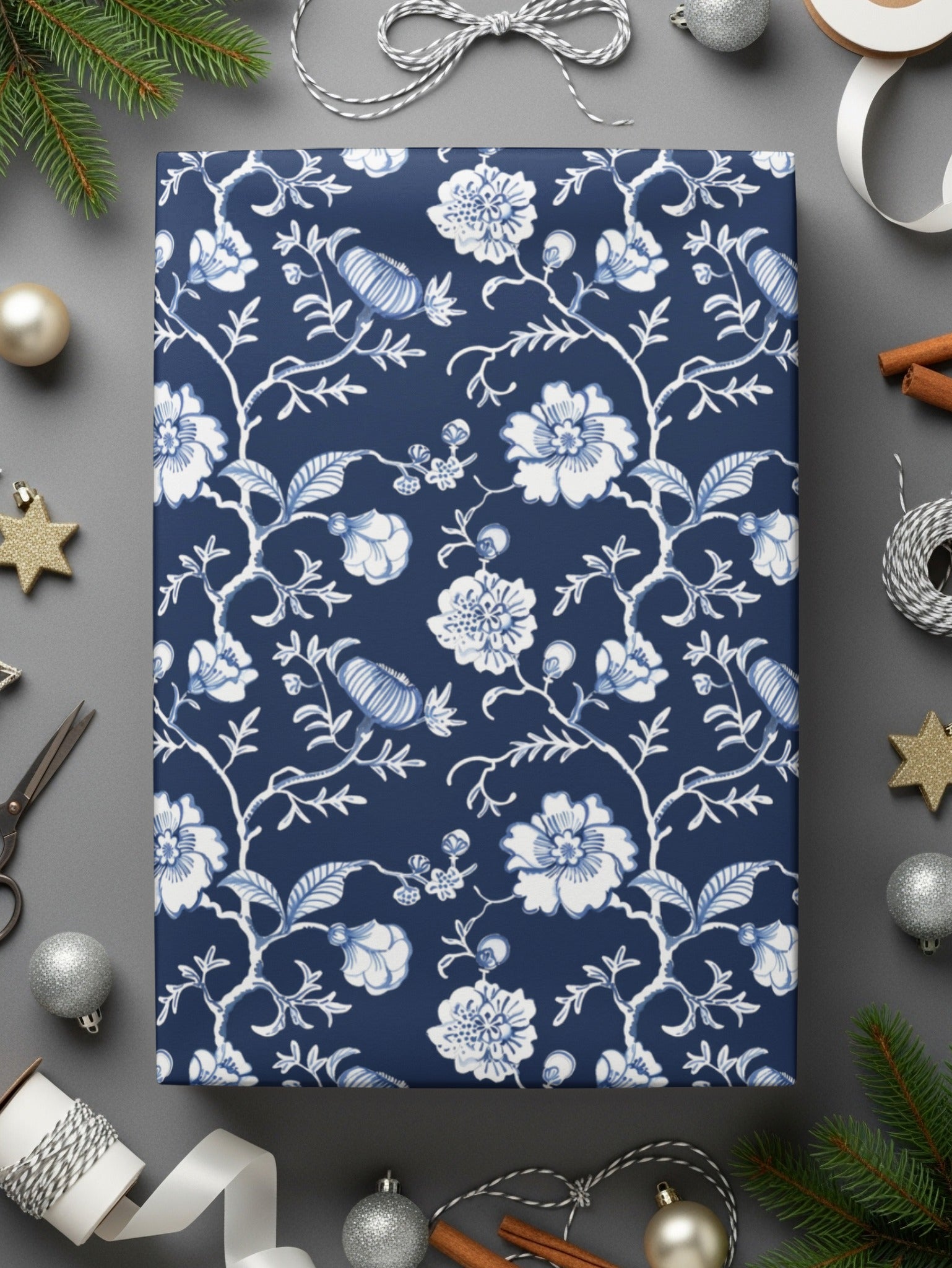 Elegant White Floral Pattern on Navy Blue Wrapping Paper