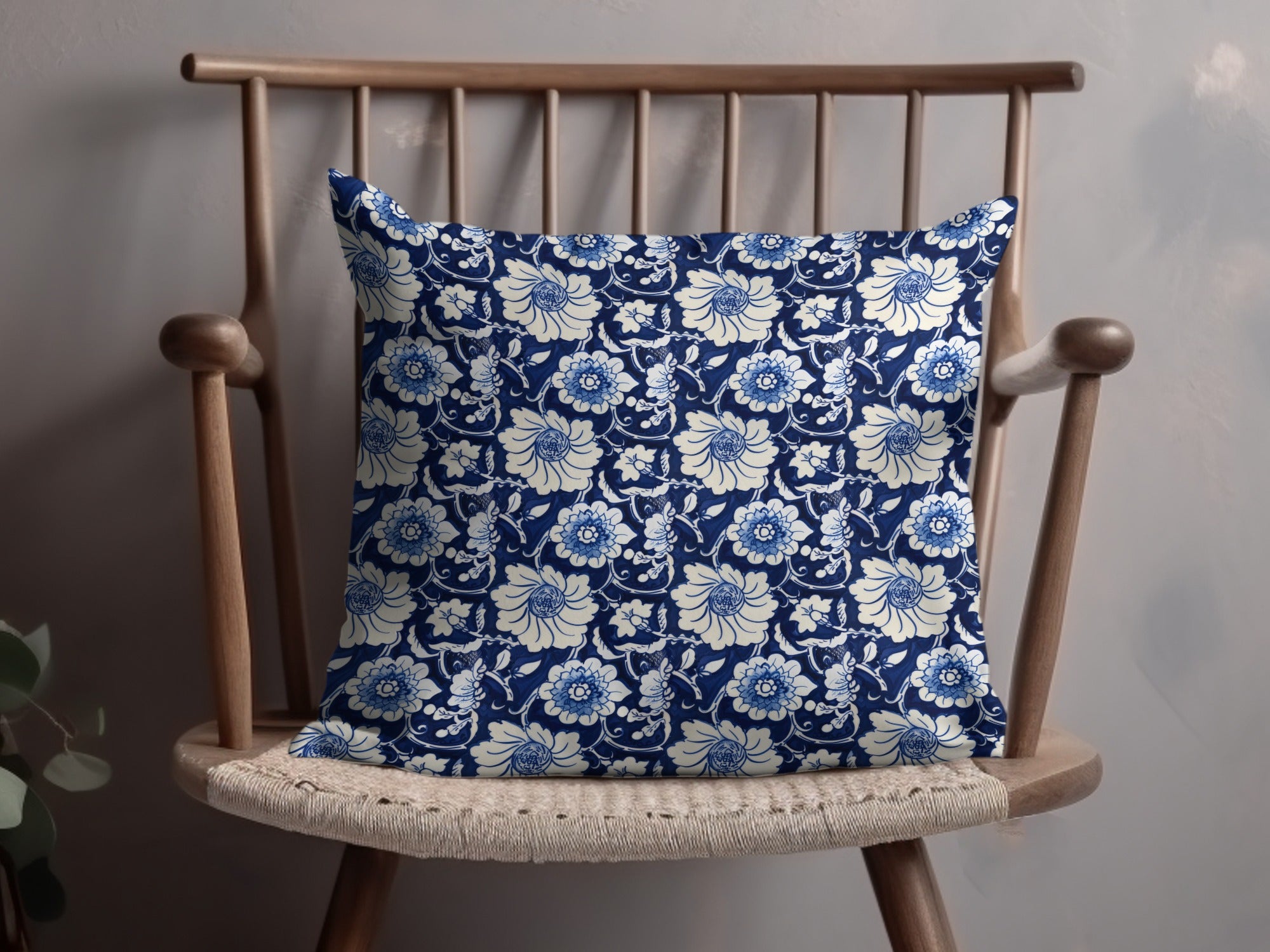 Blue and White Floral Pattern Decorative Pillow