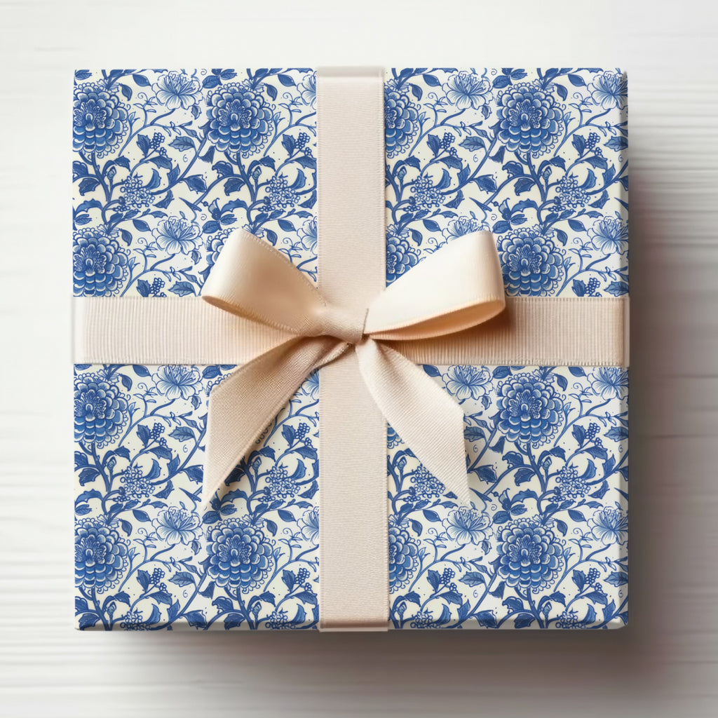 Elegant Blue Floral Pattern Gift Wrap with Ribbon