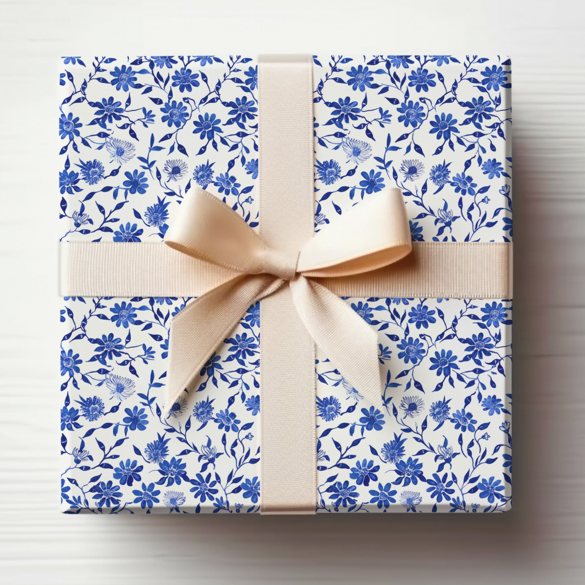 Elegant Blue Floral Gift Box with Cream Ribbon