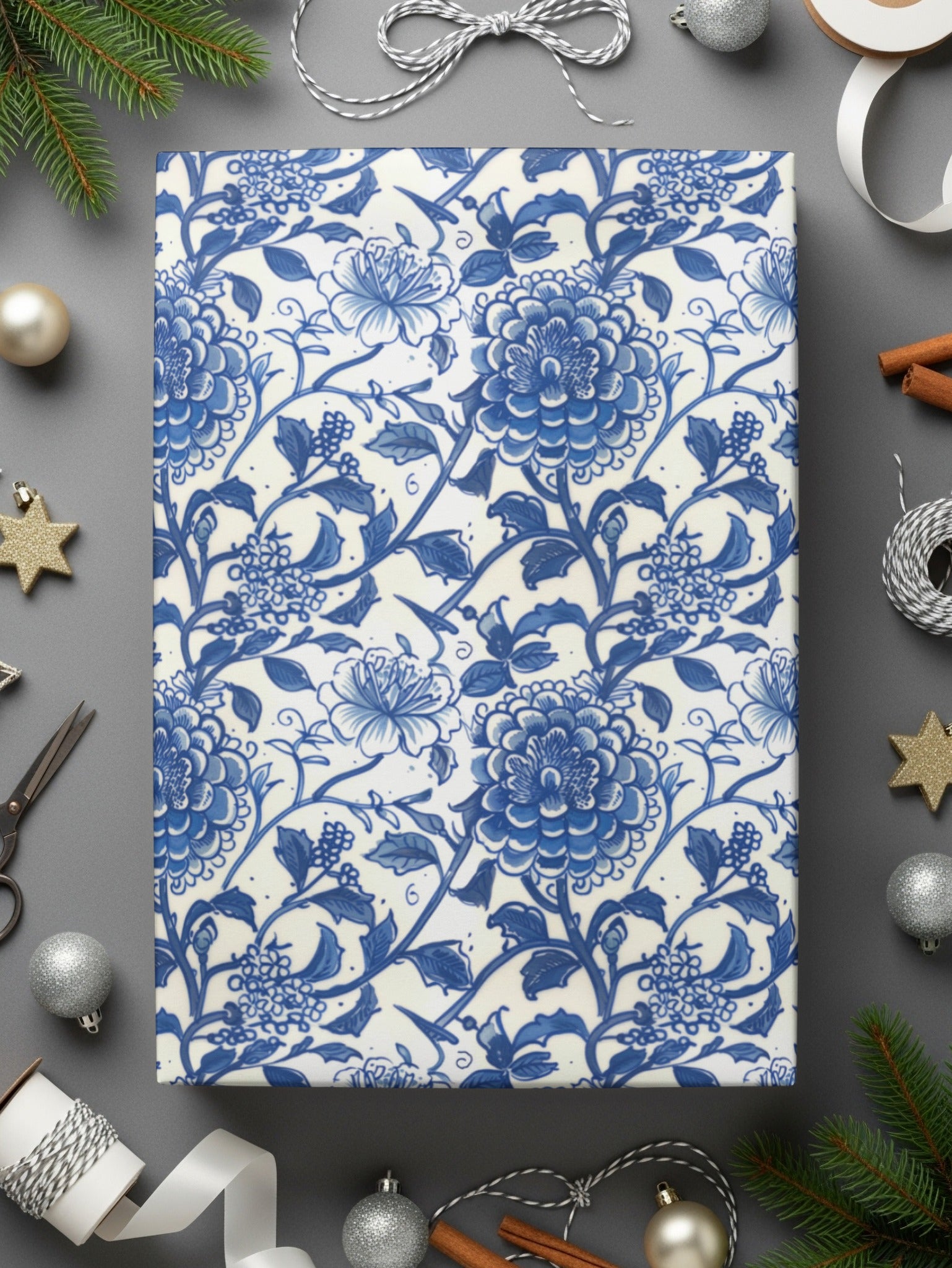 Blue Floral Pattern Holiday Gift Wrapping Paper