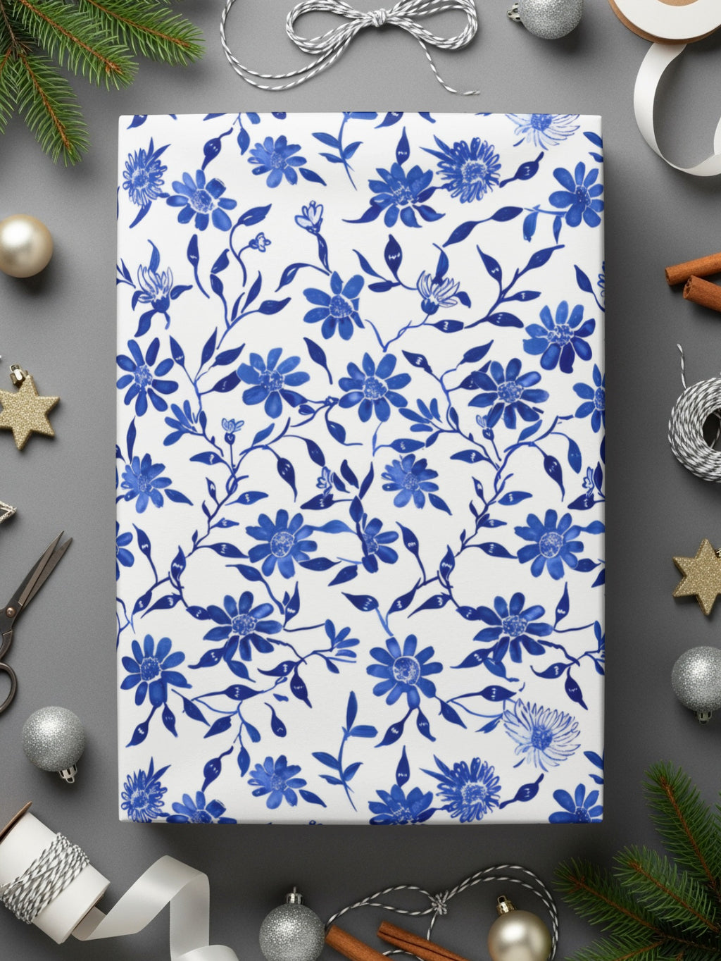 Elegant Blue Floral Pattern Wrapping Paper for Holidays