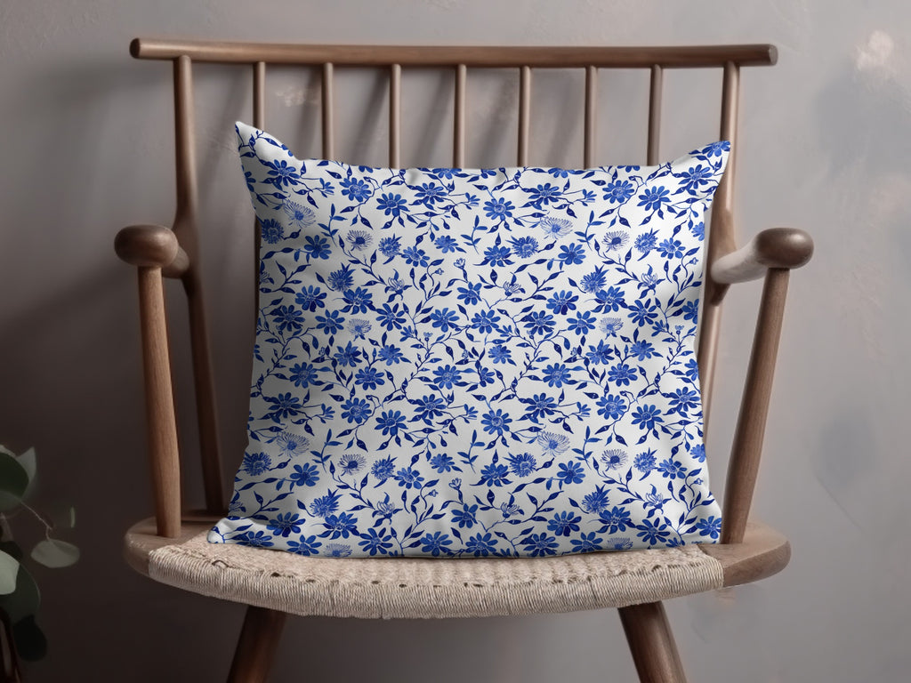 Blue and White Floral Pattern Decorative Pillow Cover