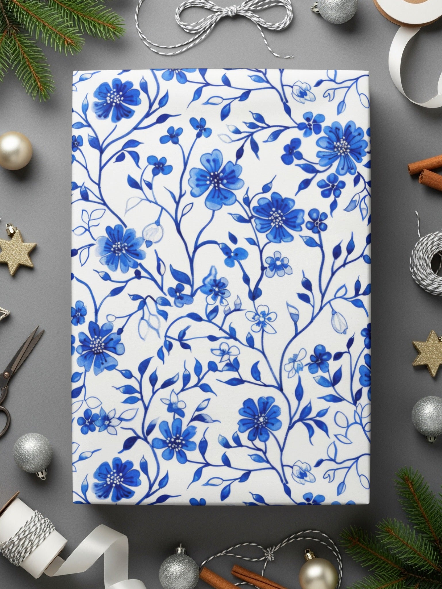 Blue Floral Themed Design for Wrapping Paper Product