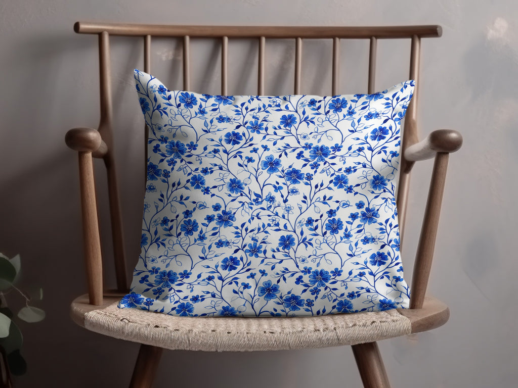 Blue and White Floral Pattern Decorative Cushion