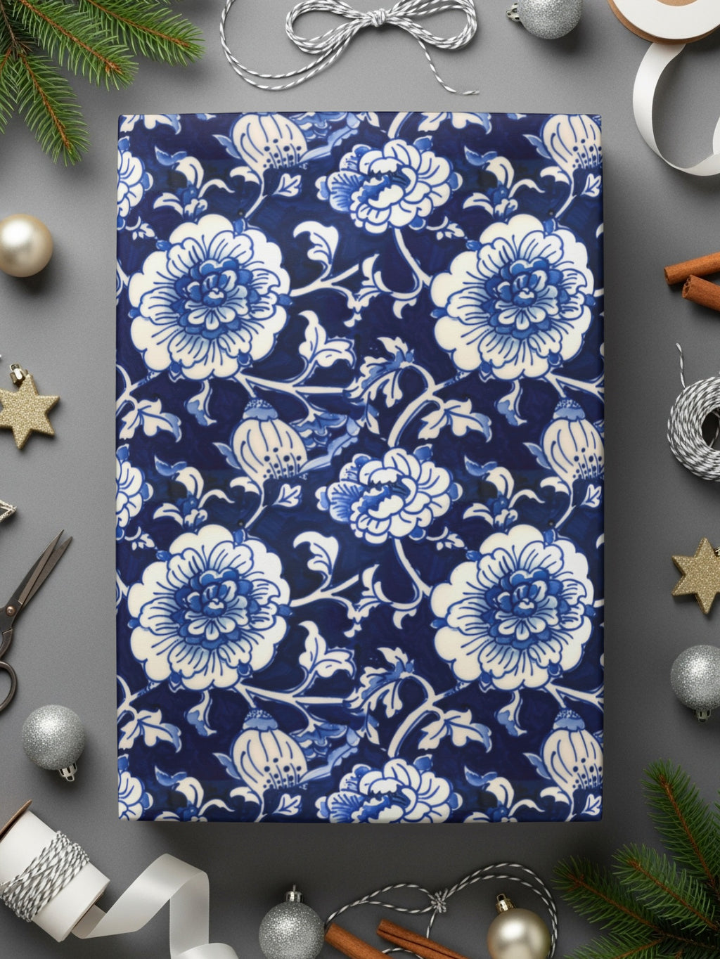 Elegant Blue and White Floral Pattern Wrapping Paper