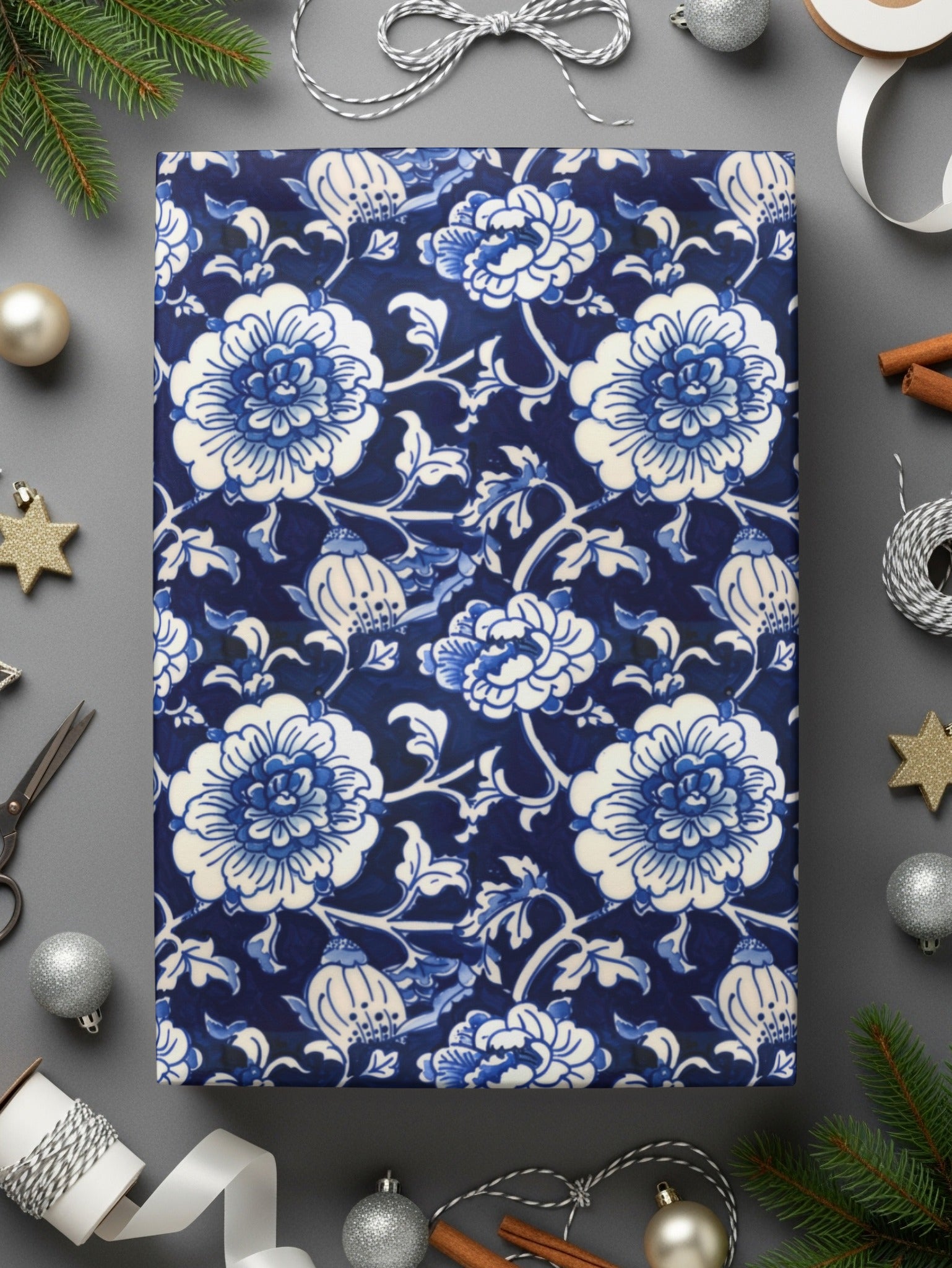 Elegant Blue and White Floral Pattern Wrapping Paper