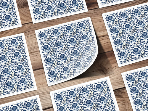 Elegant Blue Floral Pattern on White Sticker Sheet Product