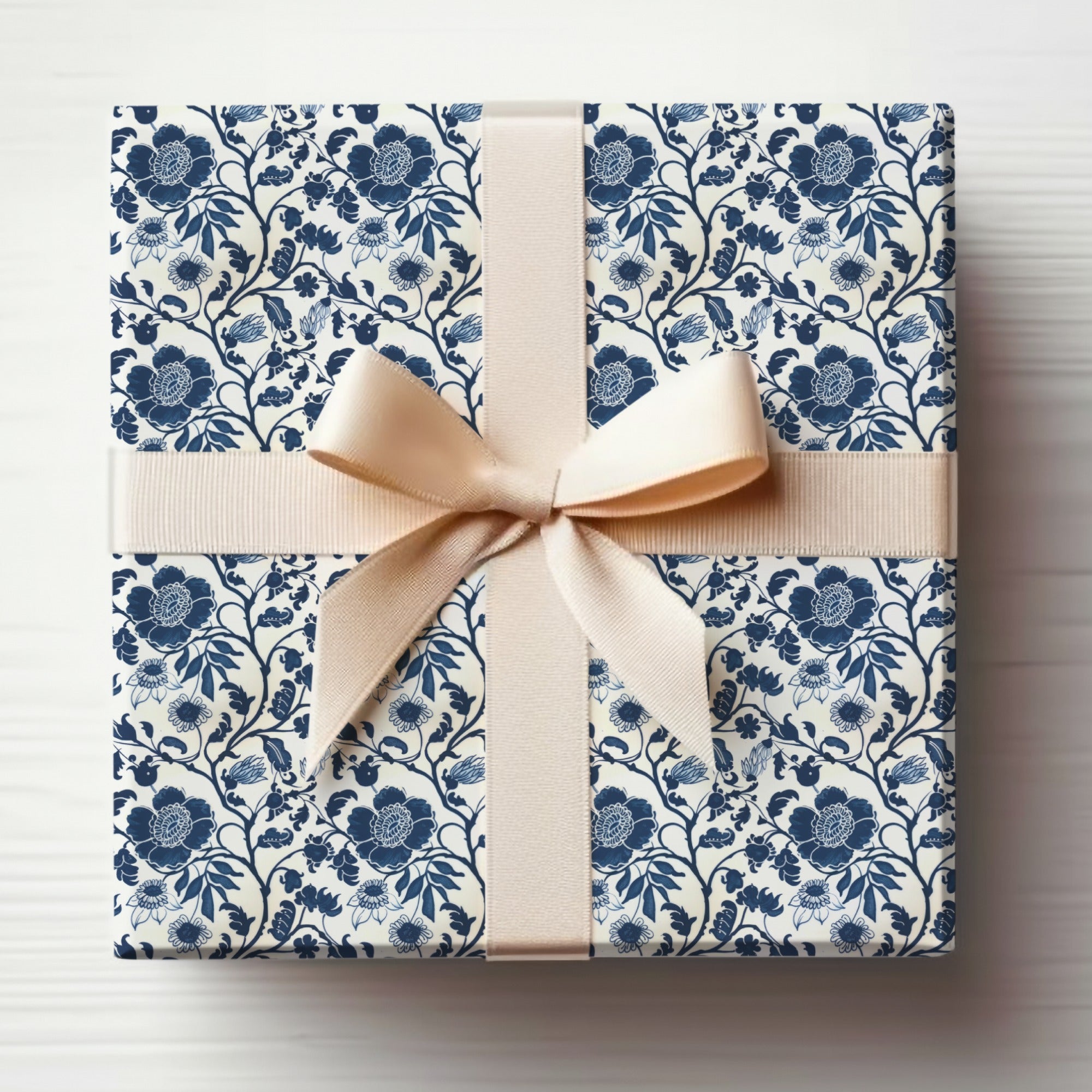Elegant Floral Gift Wrap with Beige Ribbon Bow