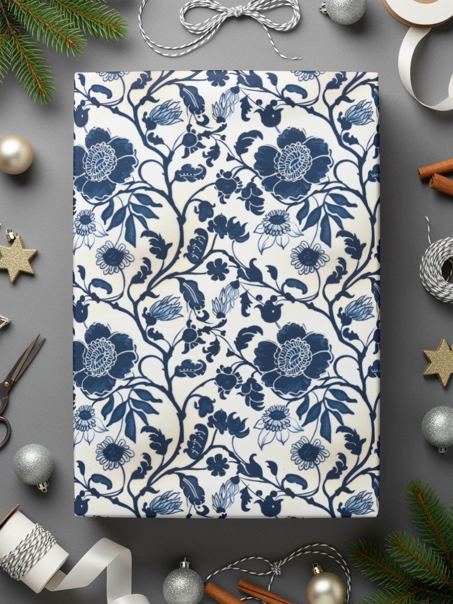 Elegant Blue Floral Patterned Wrapping Paper