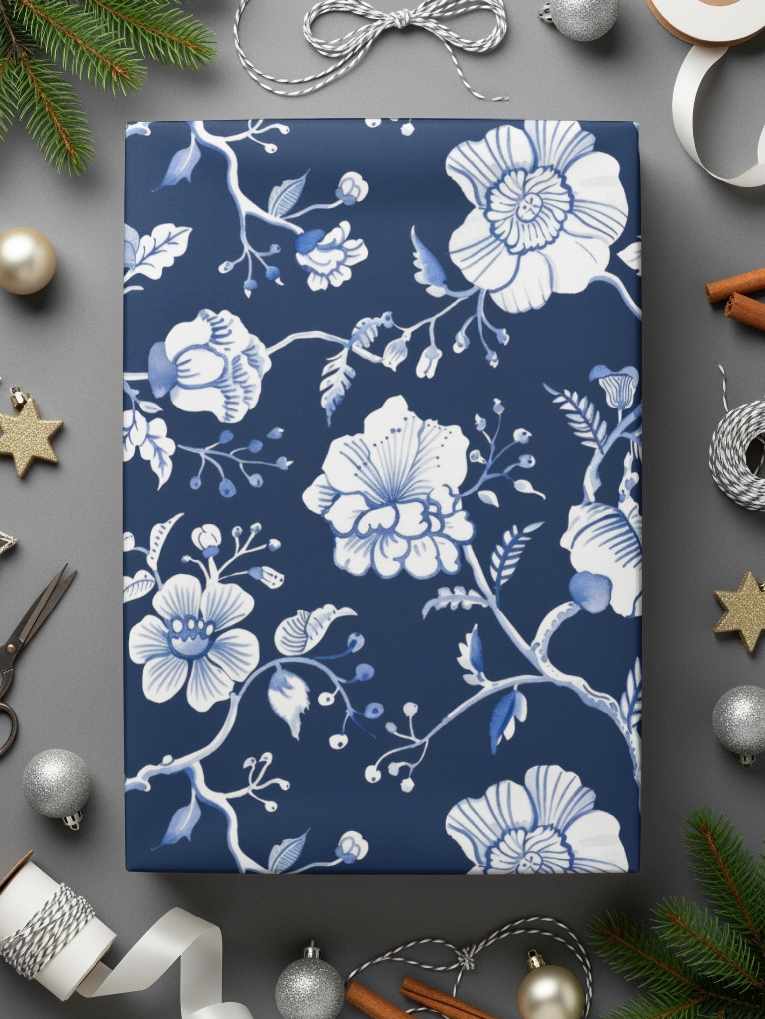 Elegant Blue Floral Pattern Wrapping Paper for Gifts