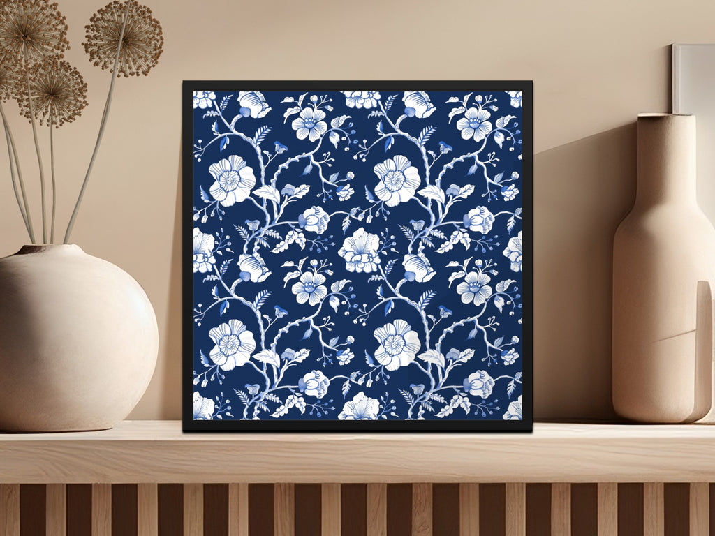 Blue and White Floral Pattern Framed Art Print
