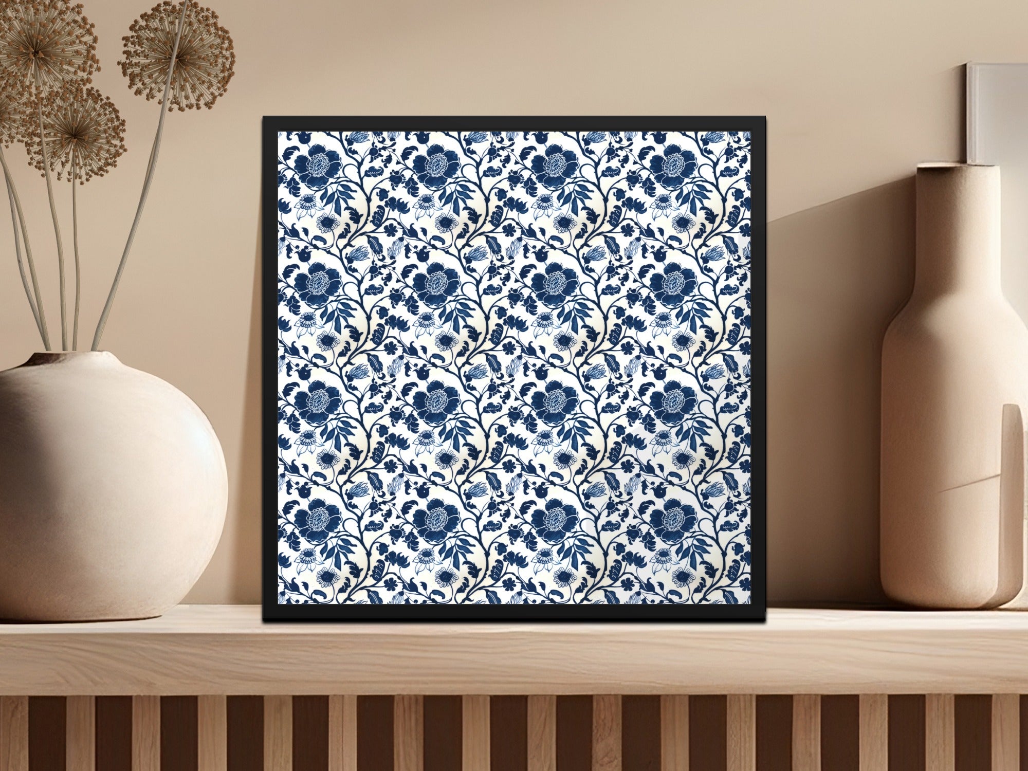 Blue Floral Pattern Framed Art For Home Decor Product
