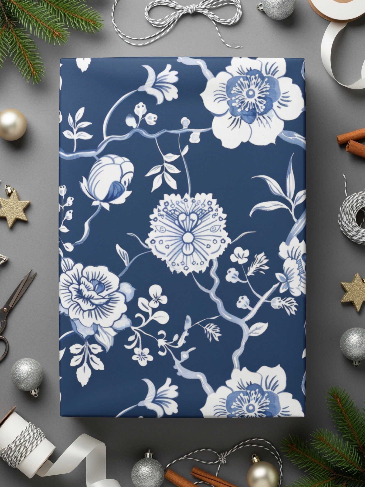 Elegant Blue Floral Holiday Gift Wrapping Paper