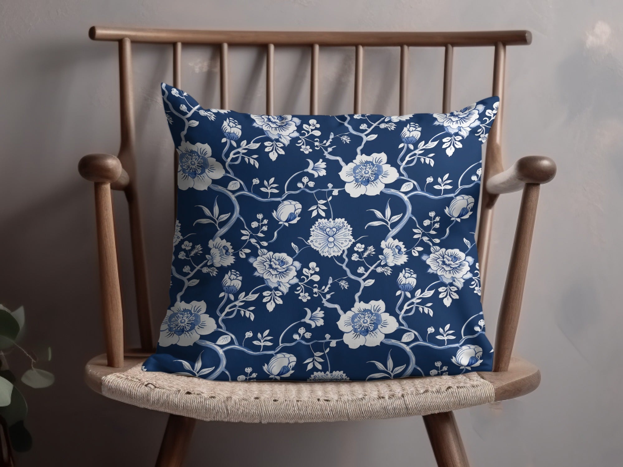 Elegant Blue and White Floral Design Cushion Cover