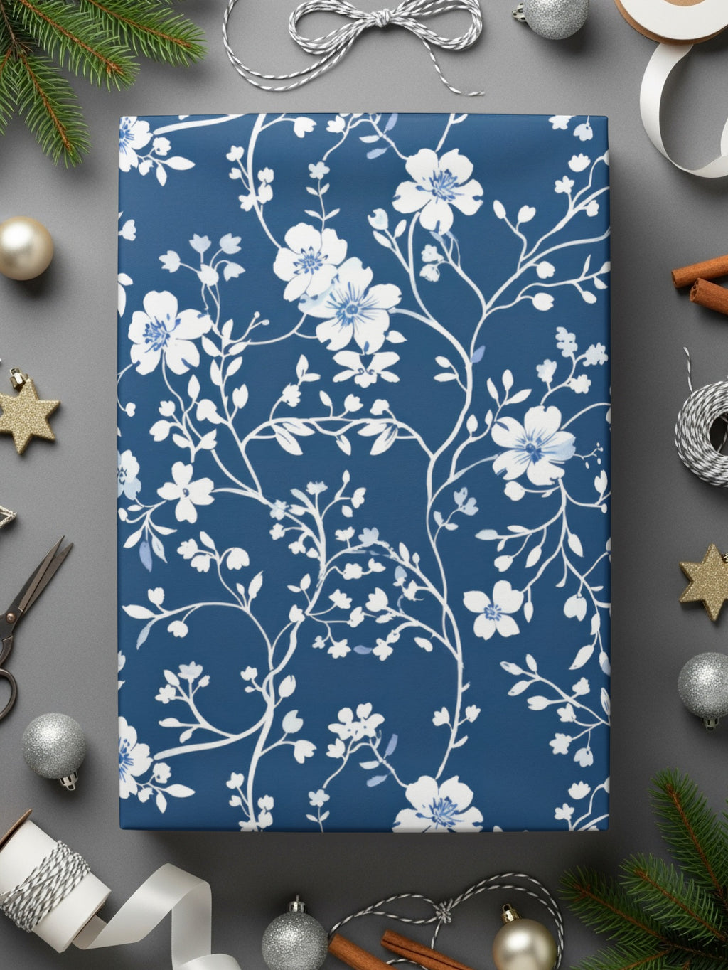 Elegant White Floral Design on Navy Blue Wrapping Paper