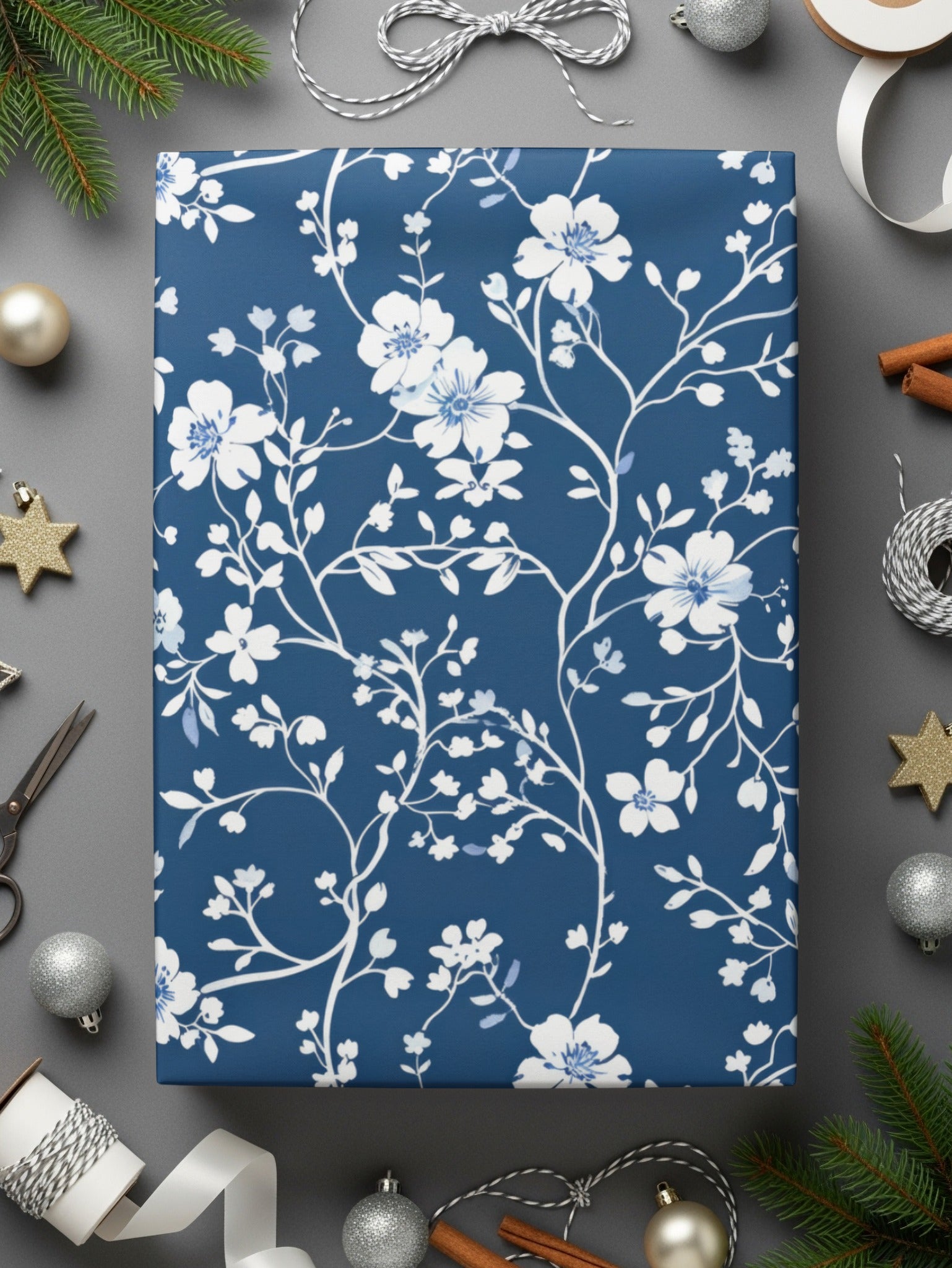 Elegant White Floral Design on Navy Blue Wrapping Paper
