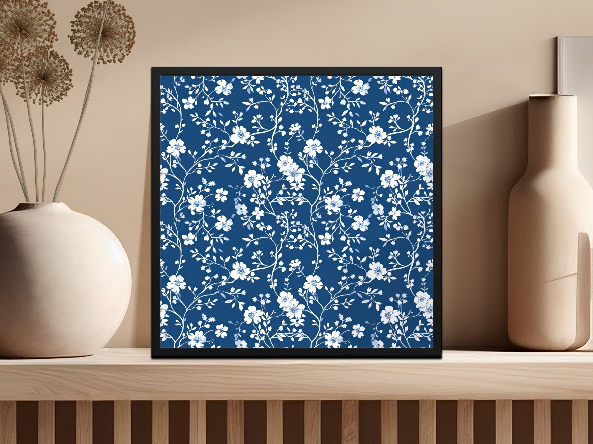 Elegant Blue and White Floral Print Wall Art Decor
