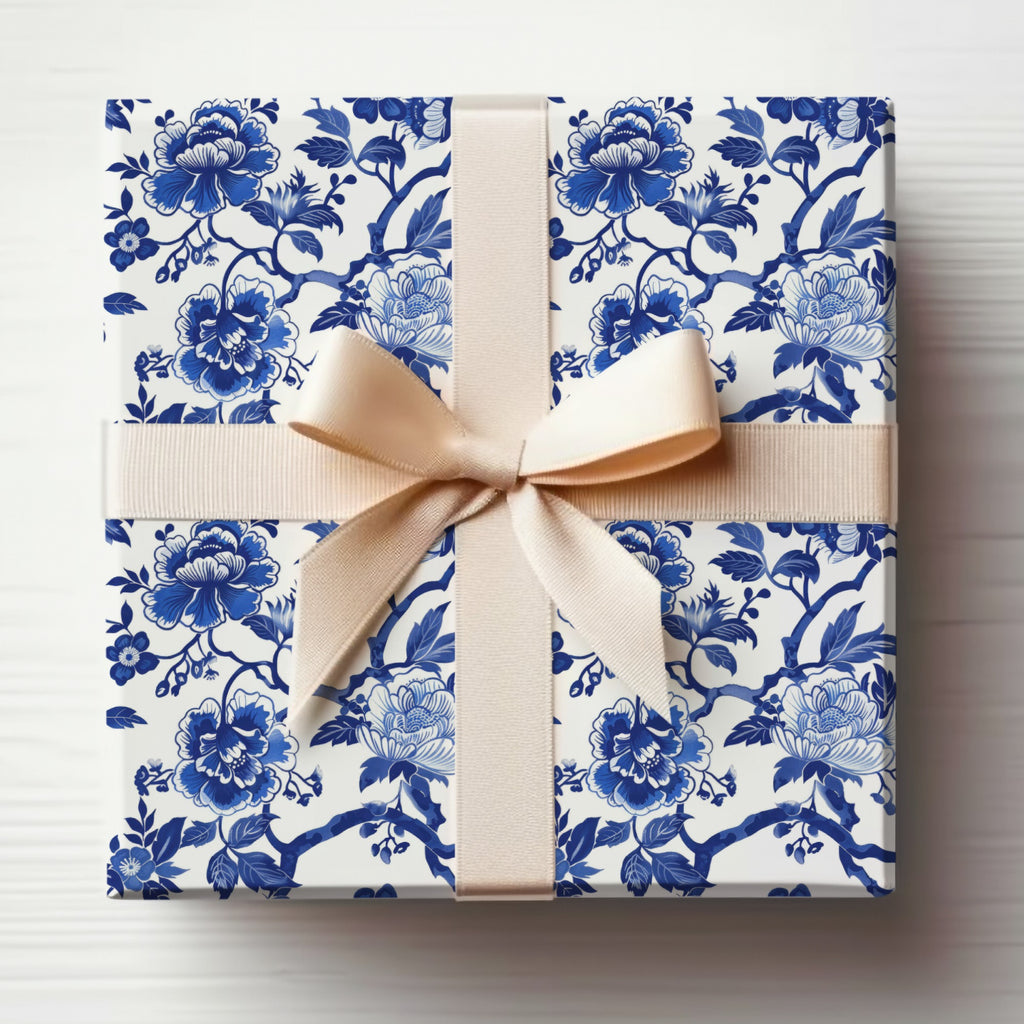 Blue Floral Gift Box with Cream Ribbon wrapping