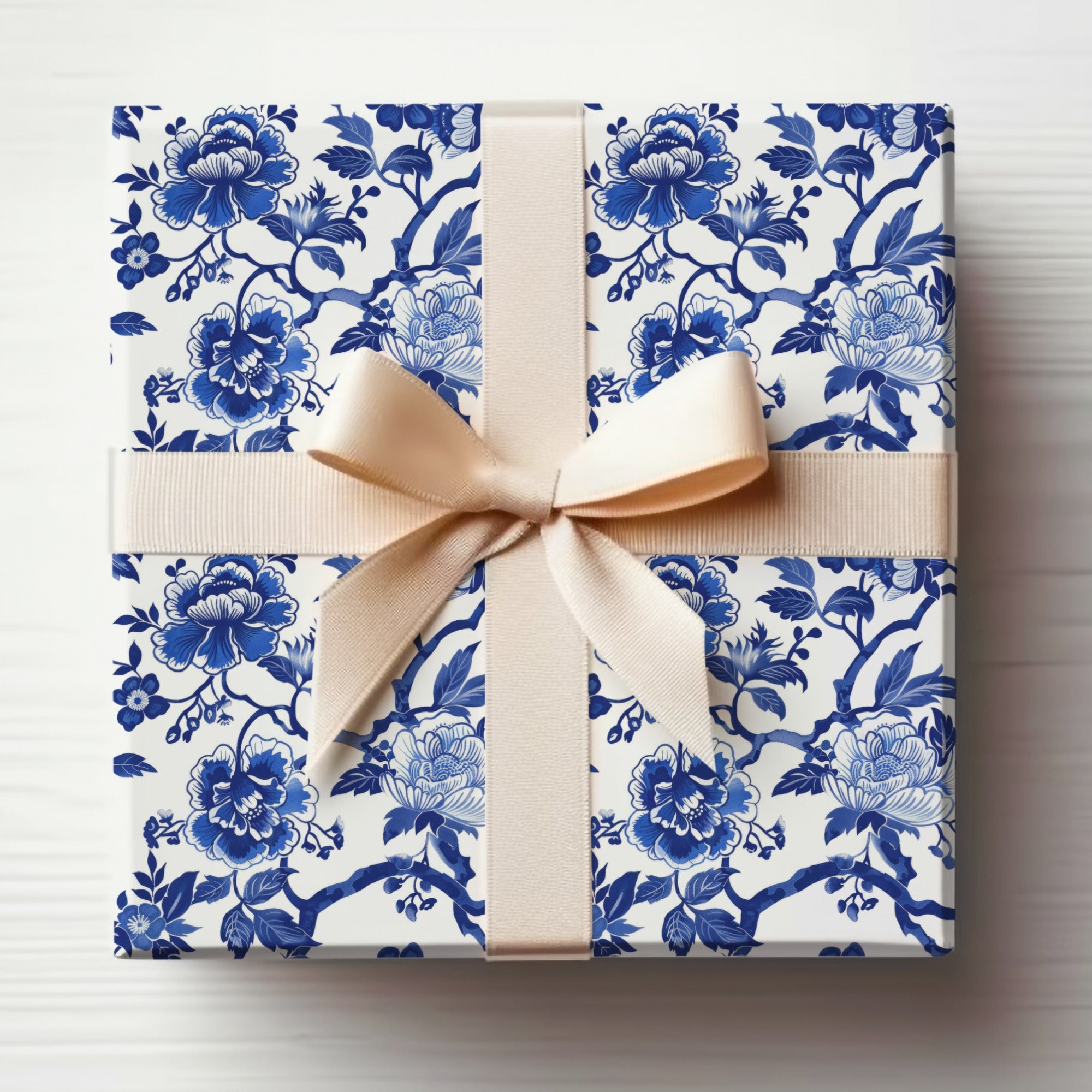 Blue Floral Gift Box with Cream Ribbon wrapping