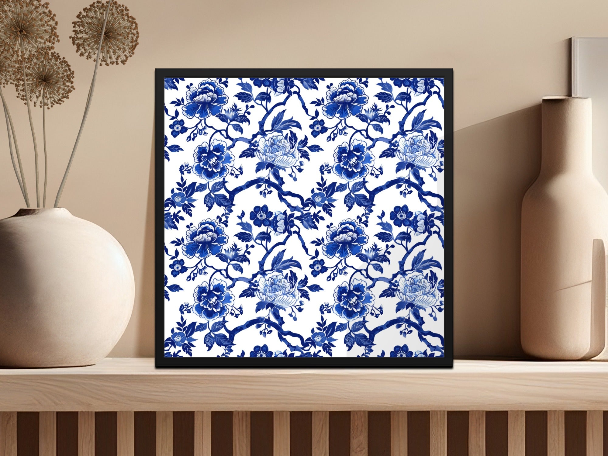Blue Floral Pattern Wall Art in Elegant Frame