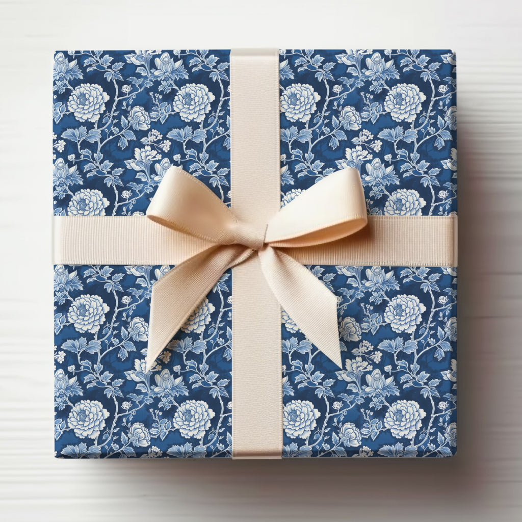 Floral Blue and White Gift Wrap with Ivory Ribbon