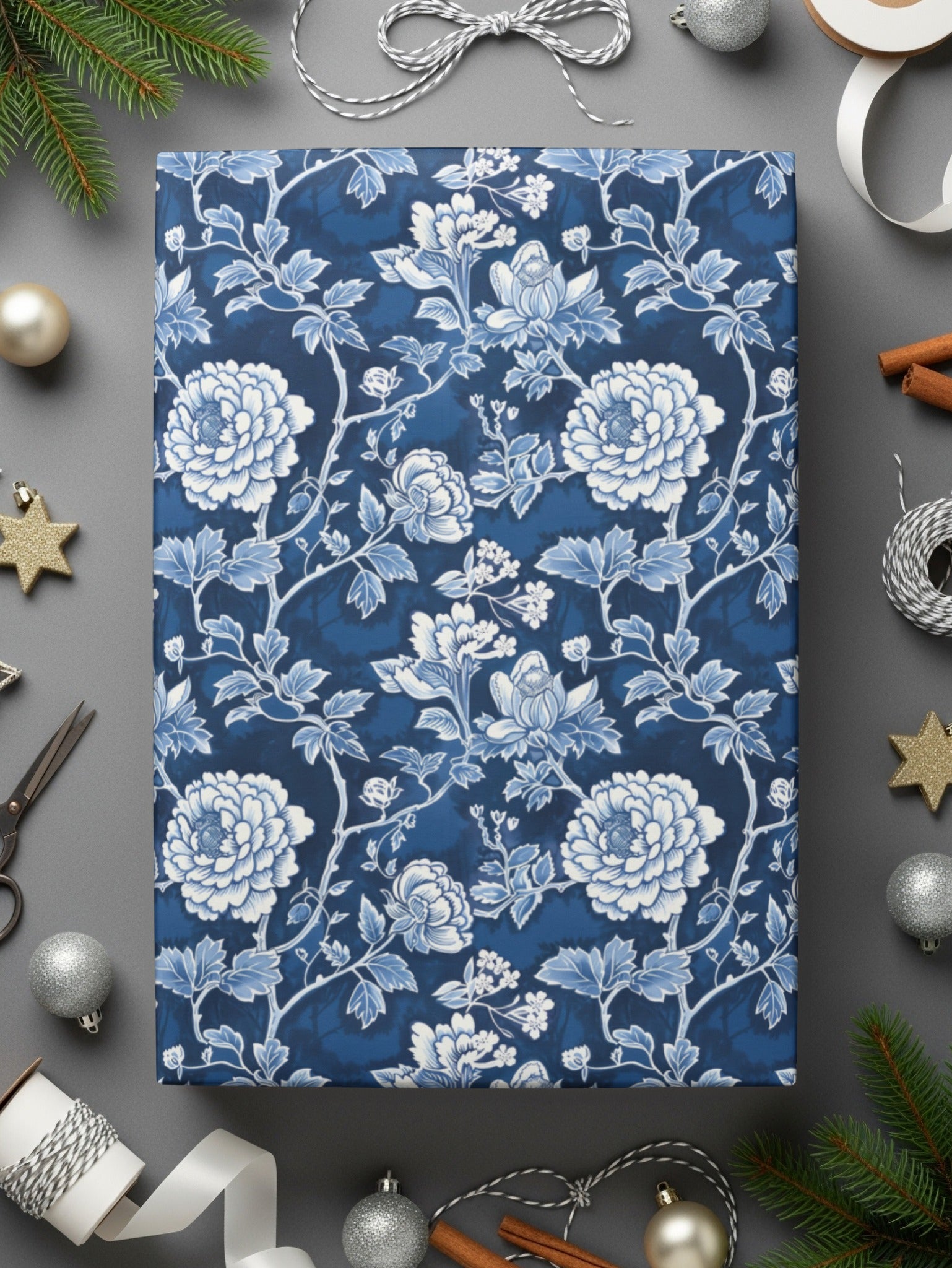 Elegant Blue Floral Patterned Wrapping Paper