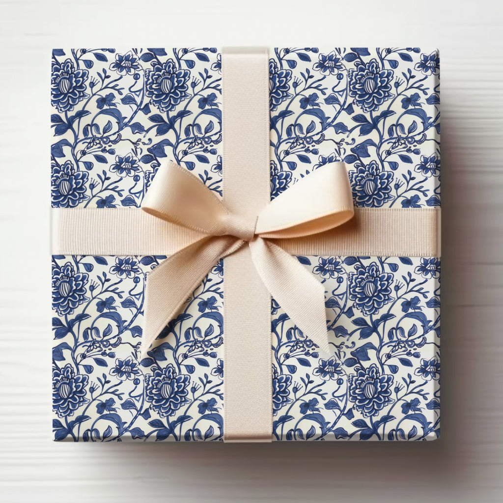 Elegant White and Blue Floral Pattern Gift Wrap