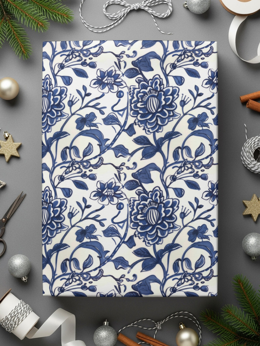 Blue Floral Decorative Design Wrapping Paper Product
