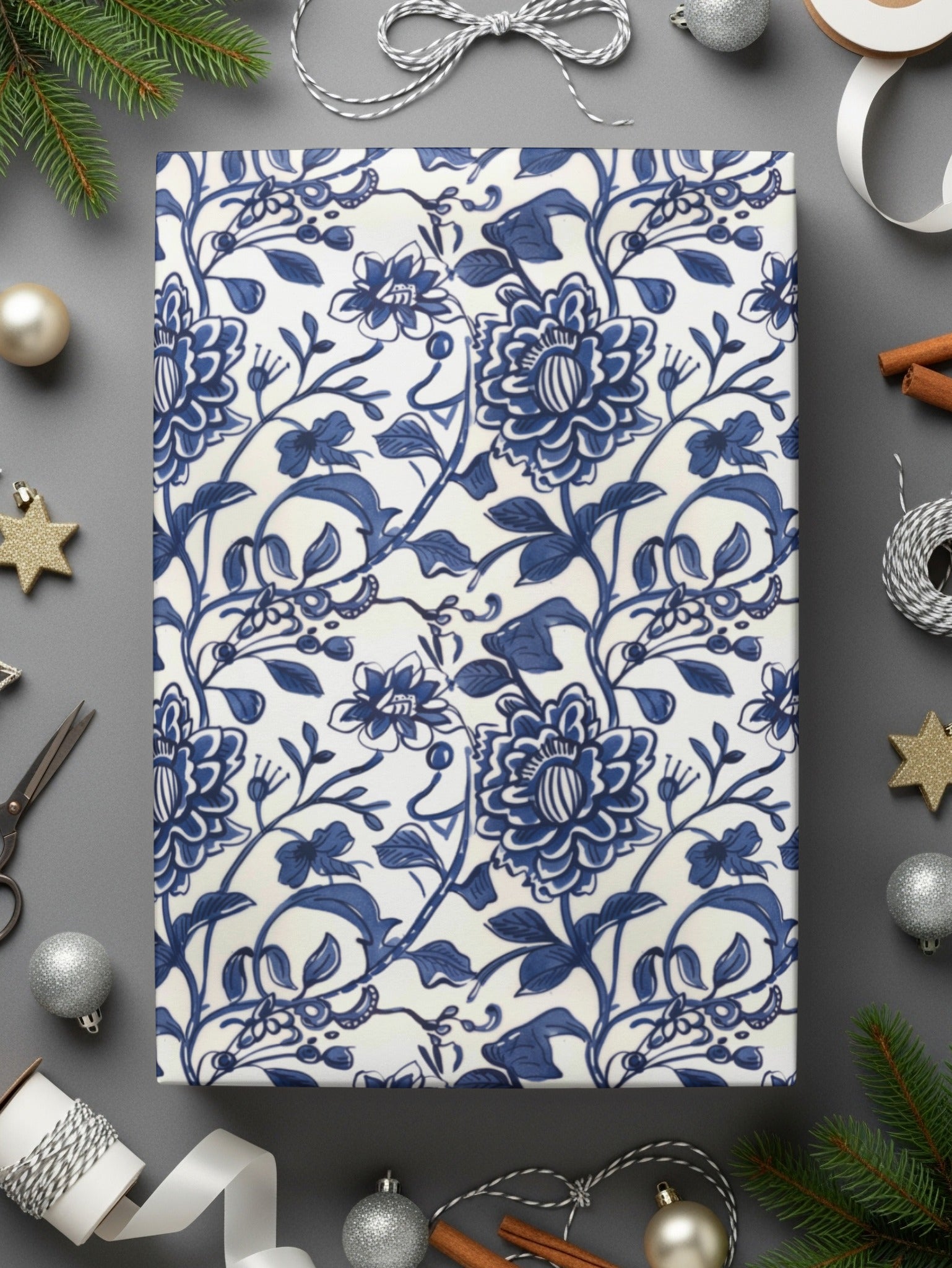 Blue Floral Decorative Design Wrapping Paper Product