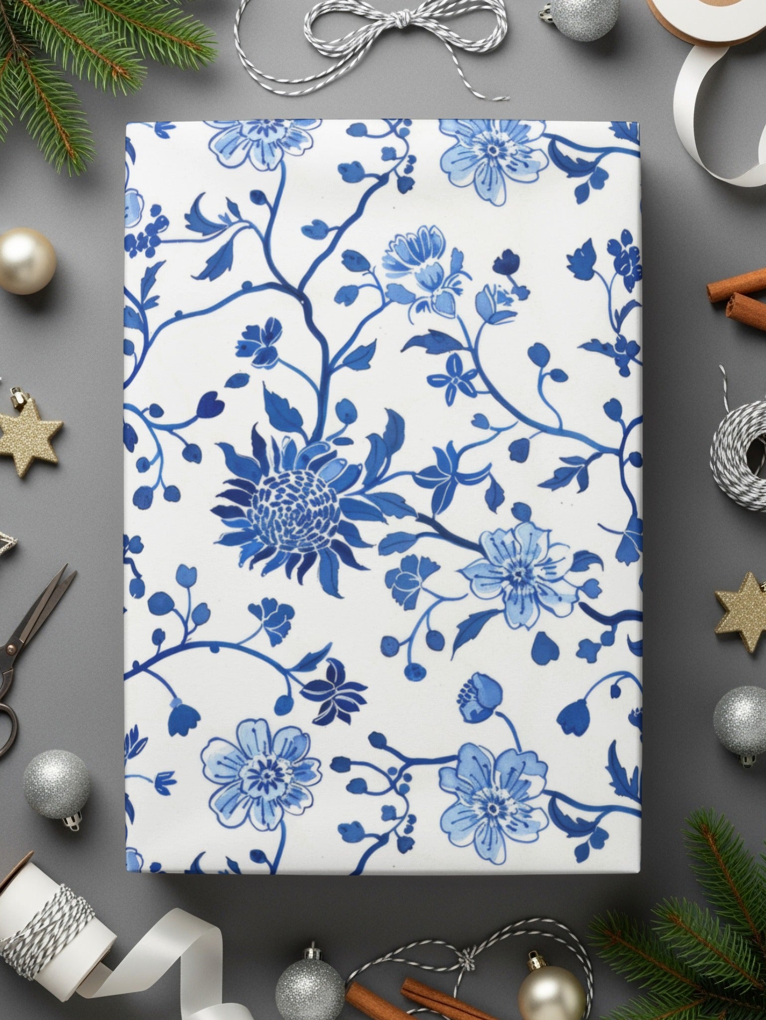 Blue Floral Wrapping Paper with Holiday Decorations