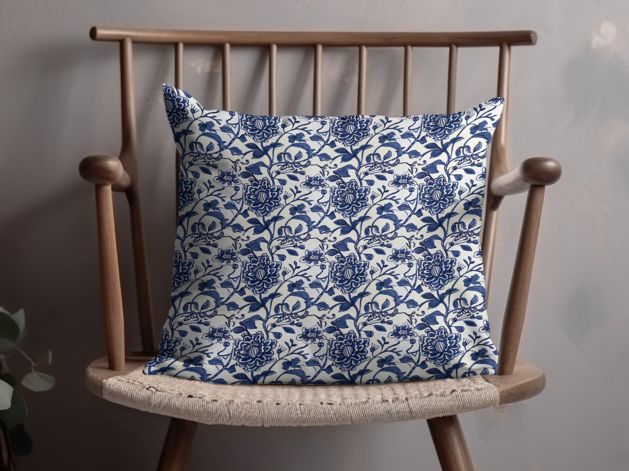Blue and White Floral Pattern Decorative Cushion
