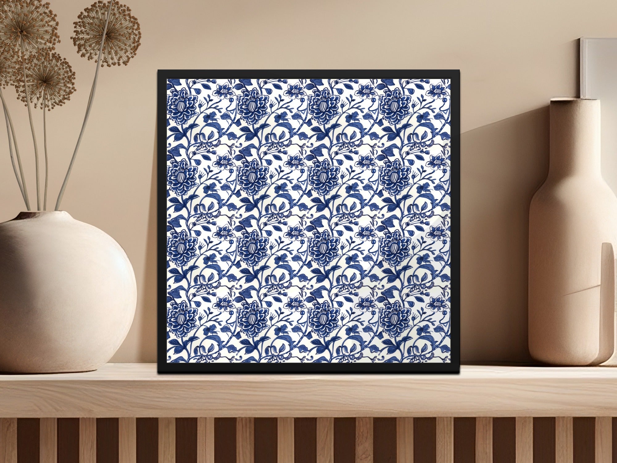 Decorative Floral Blue and White Framed Art Print