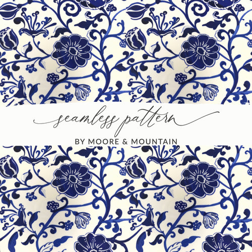 Blue and White Floral Seamless Pattern Print Design