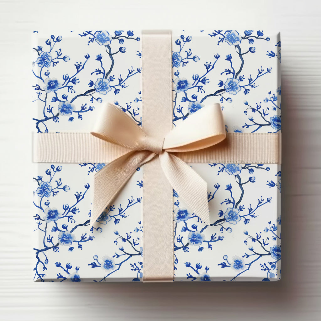 Elegant Blue Floral Gift Box with Cream Ribbon