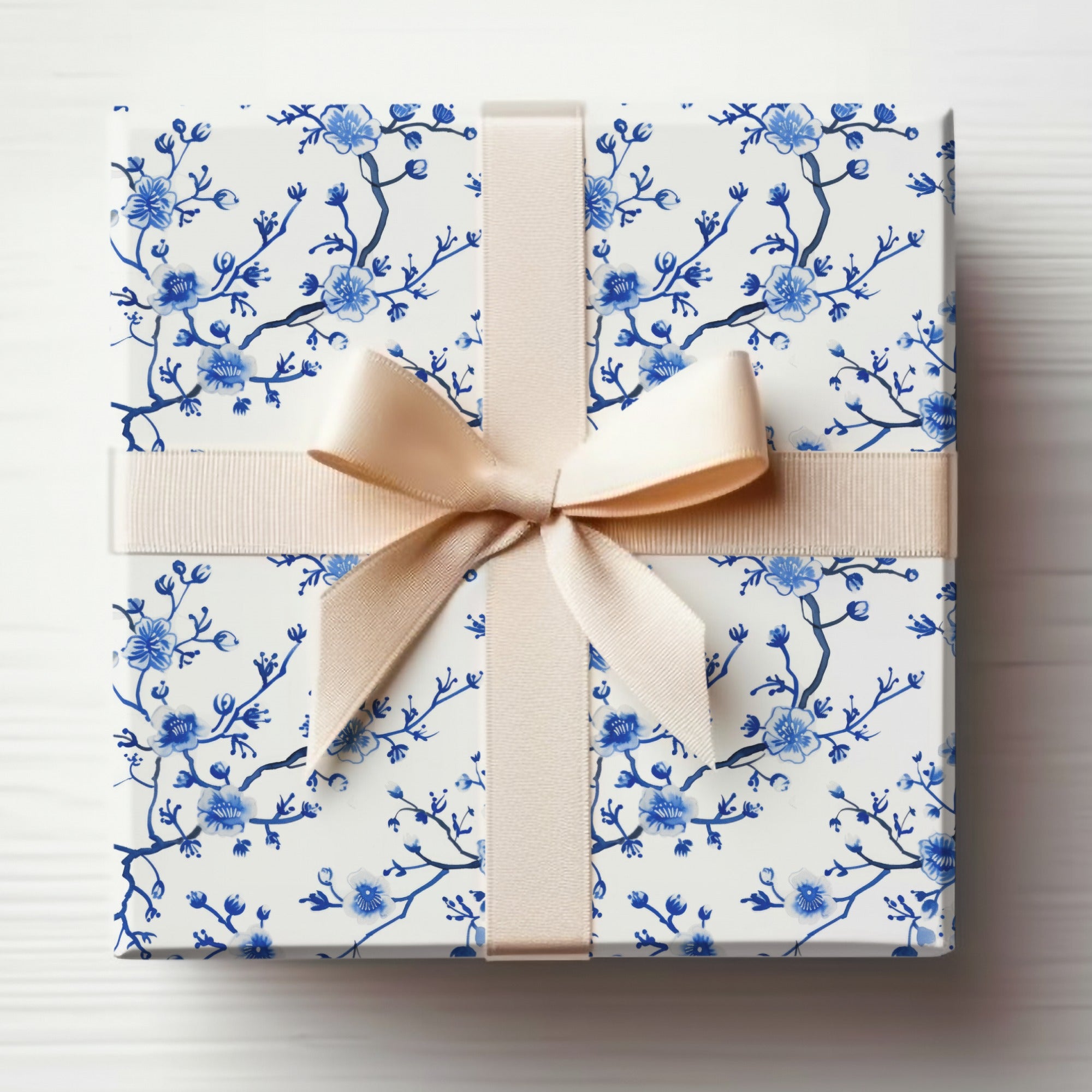 Elegant Blue Floral Gift Box with Cream Ribbon