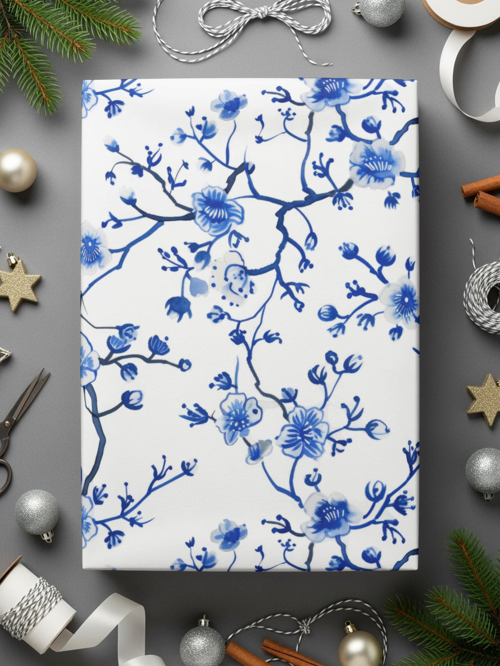 Blue Floral Gift Wrap with Elegant Flower Patterns