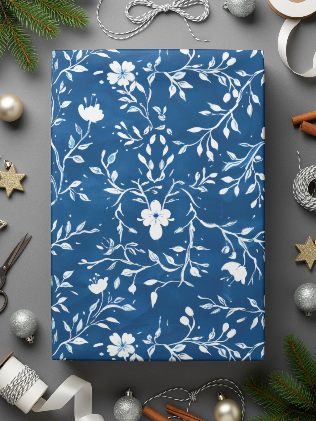 Elegant Blue Floral Pattern Gift Wrapping Paper