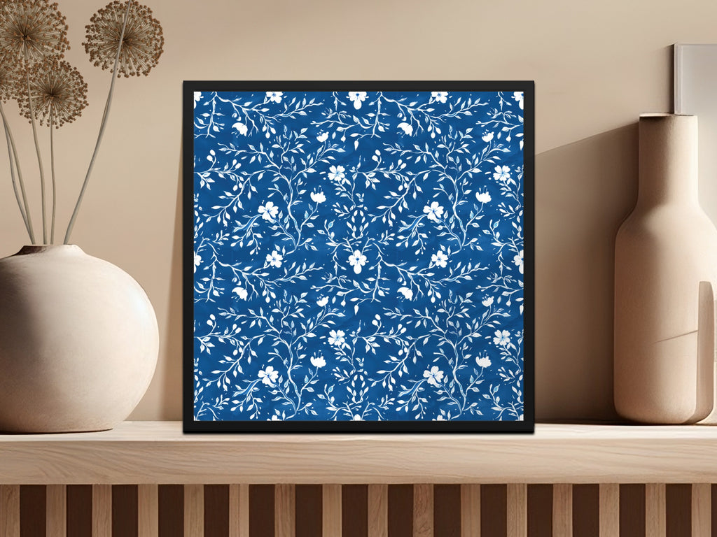 Blue Floral Pattern in Black Frame Wall Art Decor