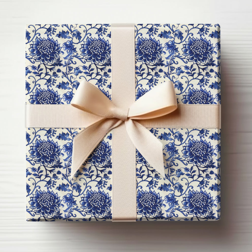 Elegant Blue Floral Gift Wrap with Ivory Ribbon