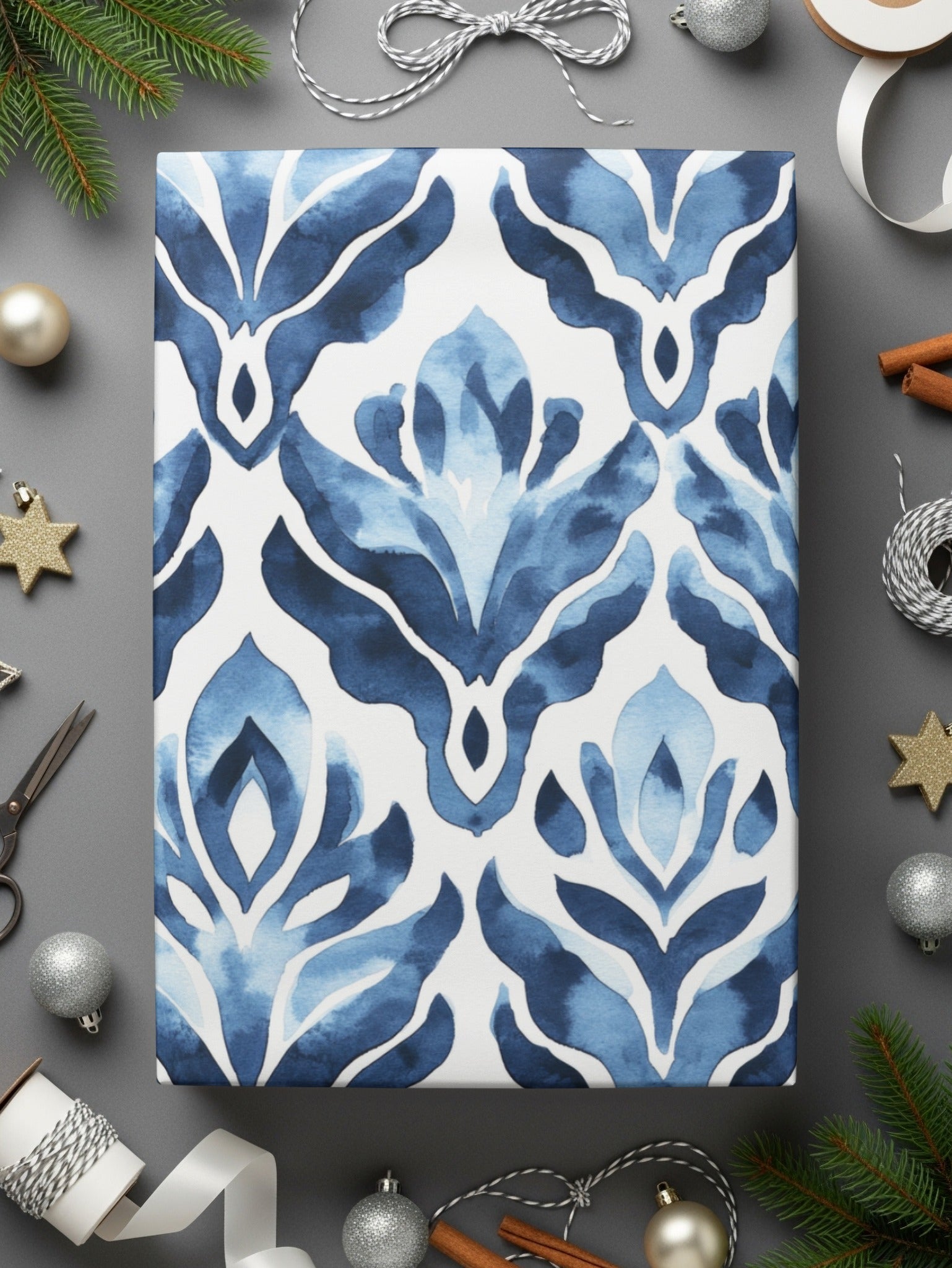 Blue Shibori Indigo Ink Seamless Watercolor Geometric Pattern, Damask Digital Paper, Fabric Design, Scrapbooking Paper, Wallpaper, Digital - Moore and Mountain