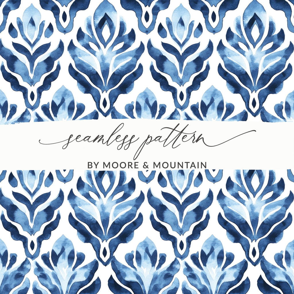 Blue Shibori Indigo Ink Seamless Watercolor Geometric Pattern, Damask Digital Paper, Fabric Design, Scrapbooking Paper, Wallpaper, Digital - Moore and Mountain