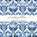 Blue Shibori Indigo Ink Seamless Watercolor Geometric Pattern, Damask Digital Paper, Fabric Design, Scrapbooking Paper, Wallpaper, Digital - Moore and Mountain