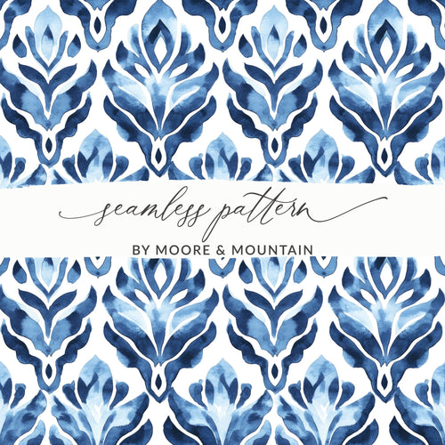 Blue Shibori Indigo Ink Seamless Watercolor Geometric Pattern, Damask Digital Paper, Fabric Design, Scrapbooking Paper, Wallpaper, Digital - Moore and Mountain