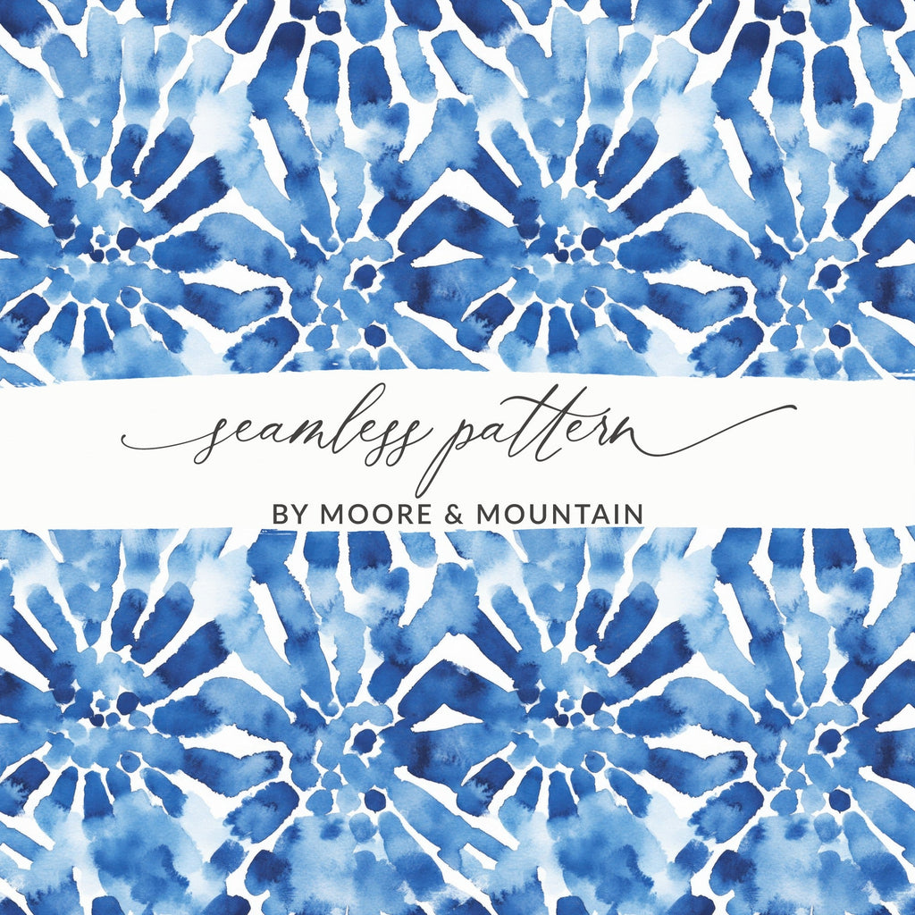 Blue Shibori Seamless Watercolor Geometric Pattern Digital, Indigo Ink Texture Print, Repeatable Design - Moore and Mountain