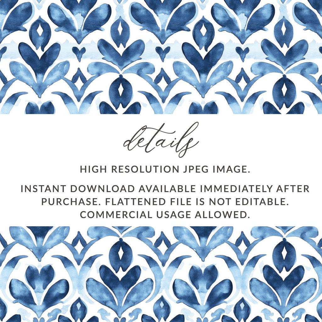 Blue Shibori Seamless Watercolor Geometric Pattern, Indigo Ink Digital Paper, Abstract Floral Repeat Pattern, Commercial Use Print - Moore and Mountain