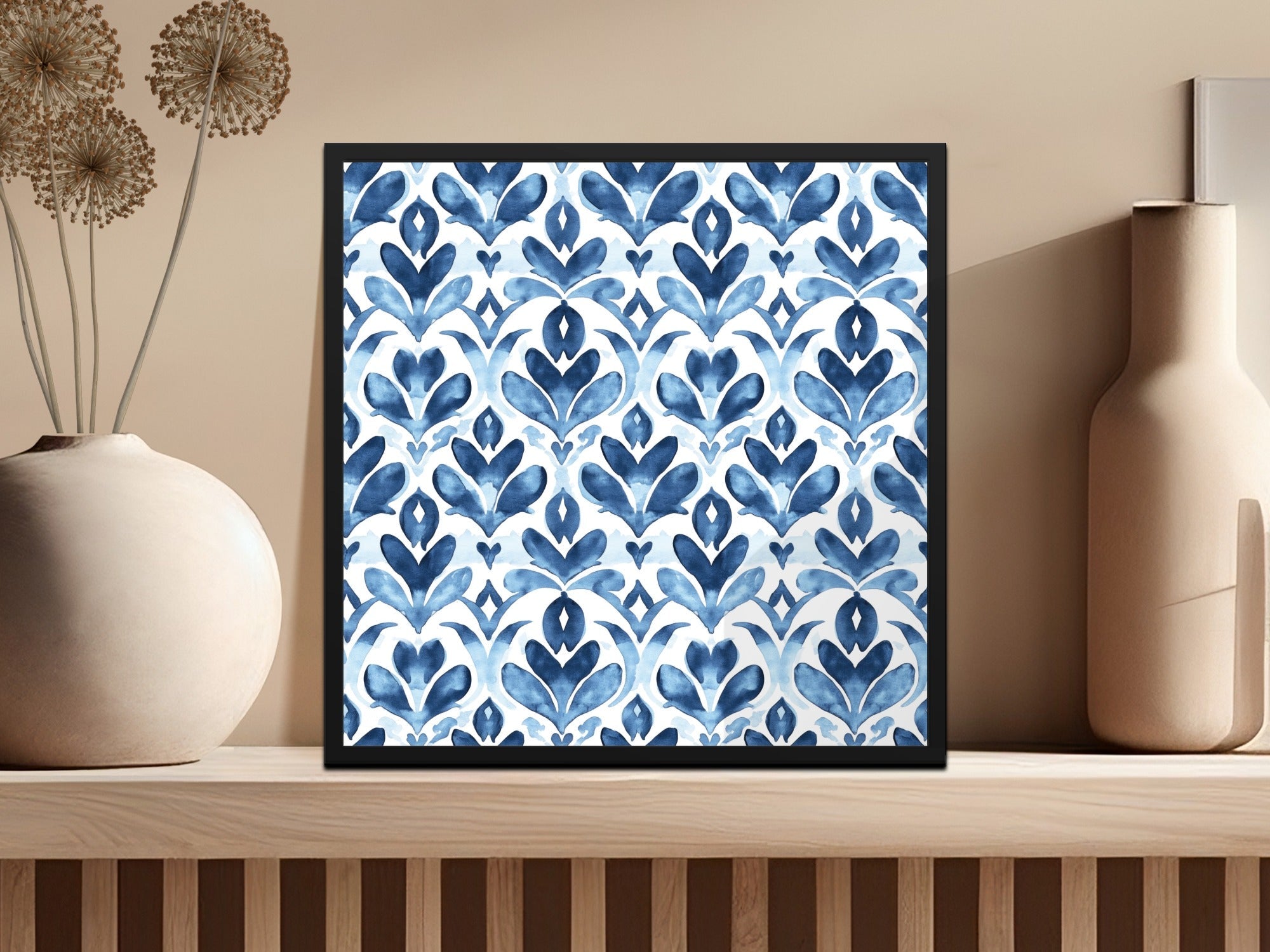 Blue Shibori Seamless Watercolor Geometric Pattern, Indigo Ink Digital Paper, Abstract Floral Repeat Pattern, Commercial Use Print - Moore and Mountain