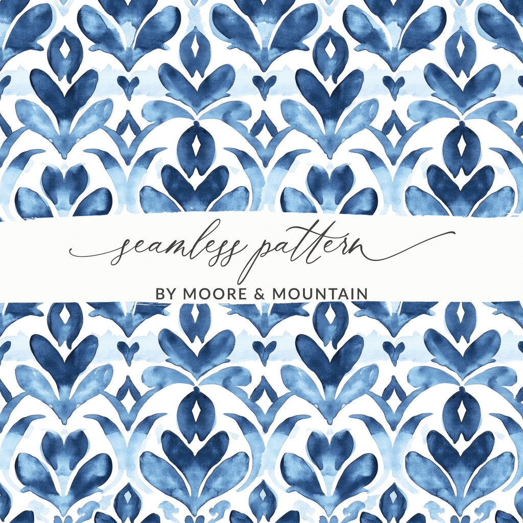 Blue Shibori Seamless Watercolor Geometric Pattern, Indigo Ink Digital Paper, Abstract Floral Repeat Pattern, Commercial Use Print - Moore and Mountain
