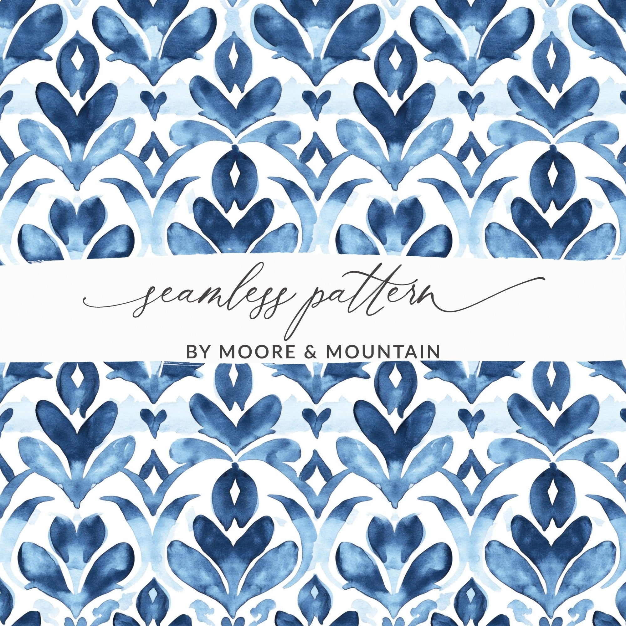 Blue Shibori Seamless Watercolor Geometric Pattern, Indigo Ink Digital Paper, Abstract Floral Repeat Pattern, Commercial Use Print - Moore and Mountain